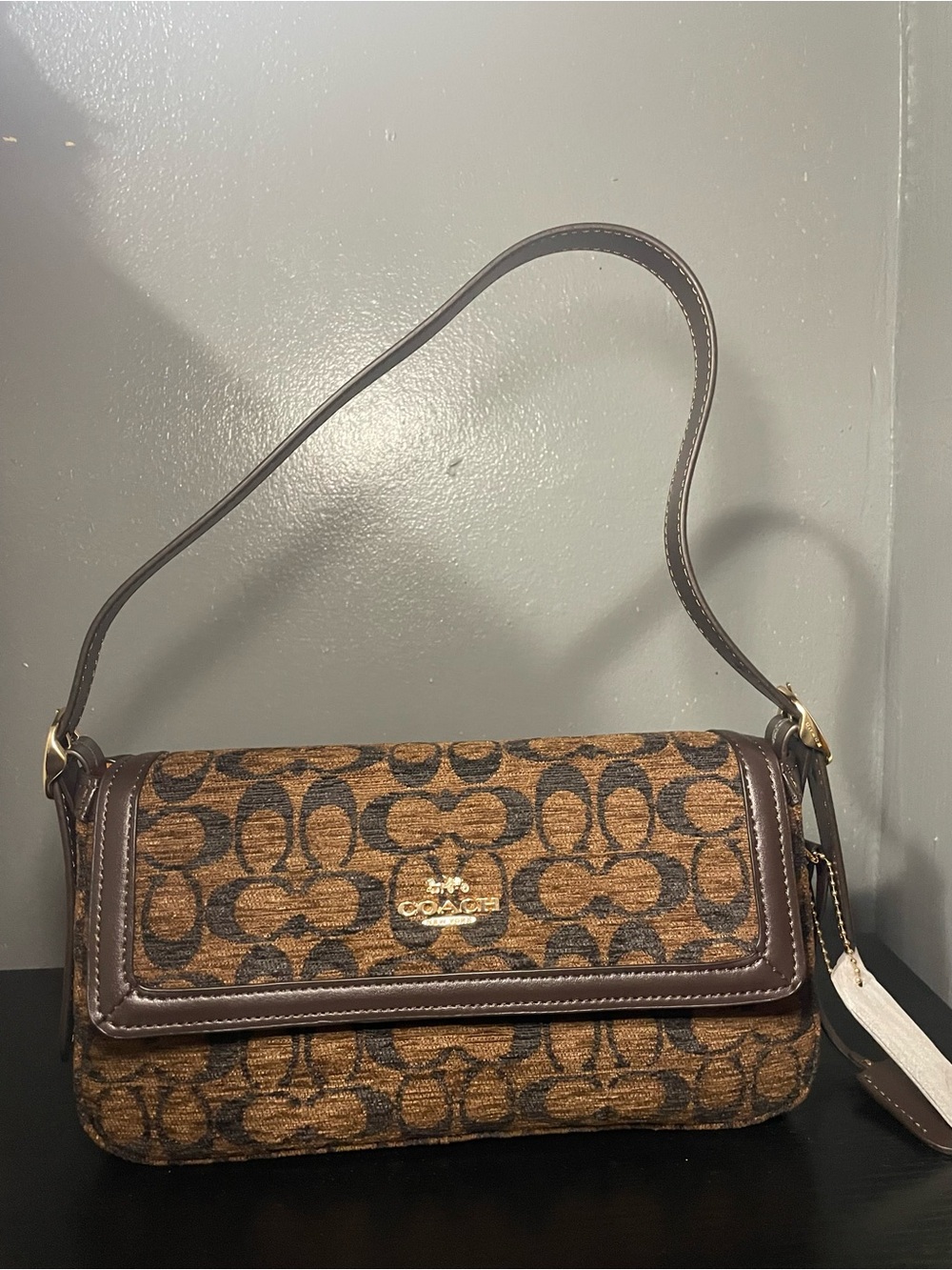 Coach Etta small flap bag in signature chenille Gold/Truffle Brand New.